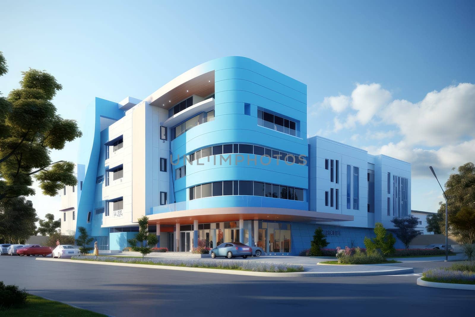 Hospital double blue sky. Futuristic care. Generate ai