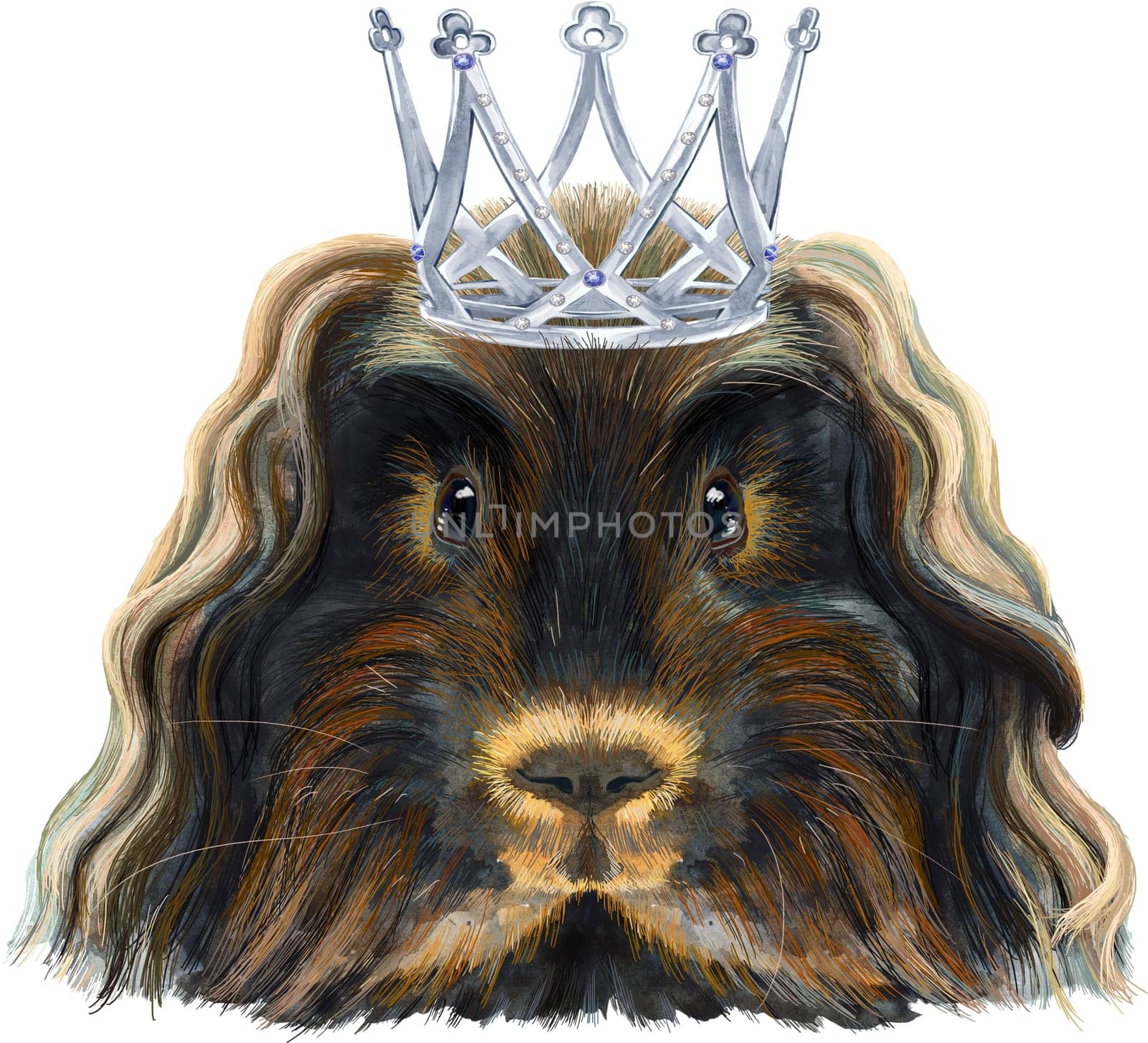 Cute cavy in silver crown. Pig for T-shirt graphics. Watercolor Merino guinea pig illustration