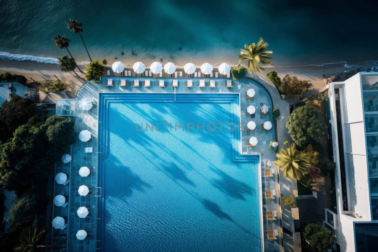 Hotel infinity pool view. Sea water. Generate Ai