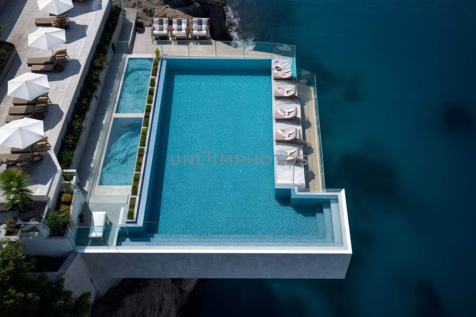 Breathtaking Hotel infinity pool view. Sea water. Generate Ai