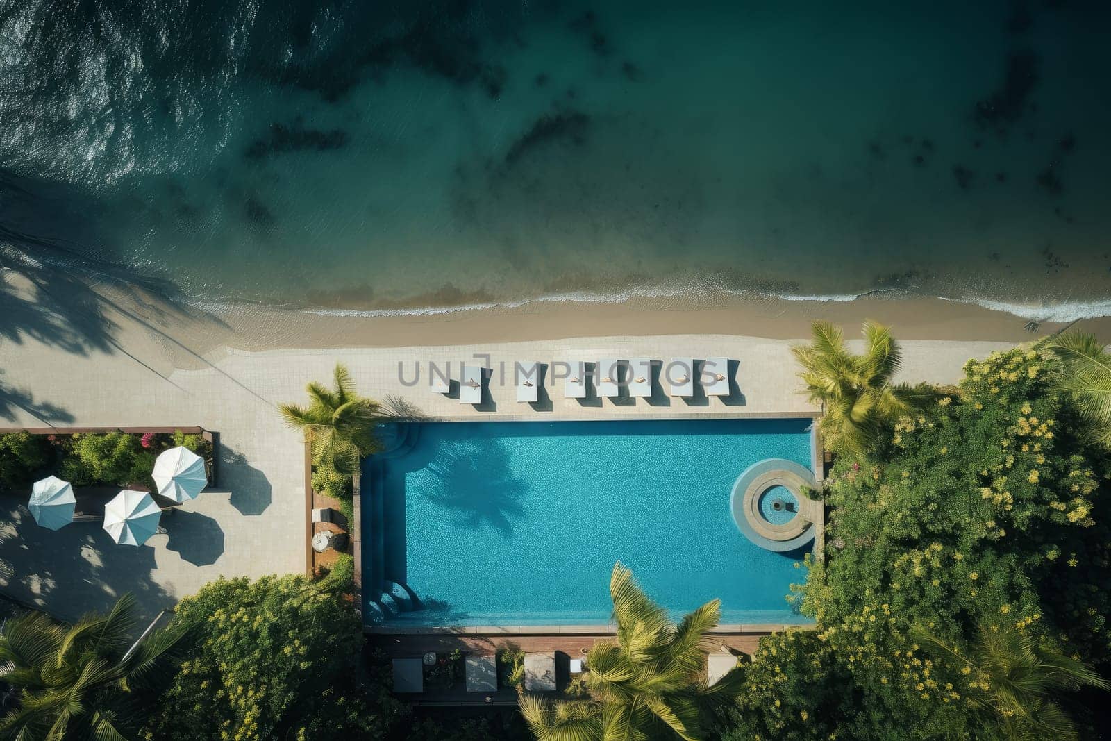 Serene Hotel infinity pool view. Sea water. Generate Ai