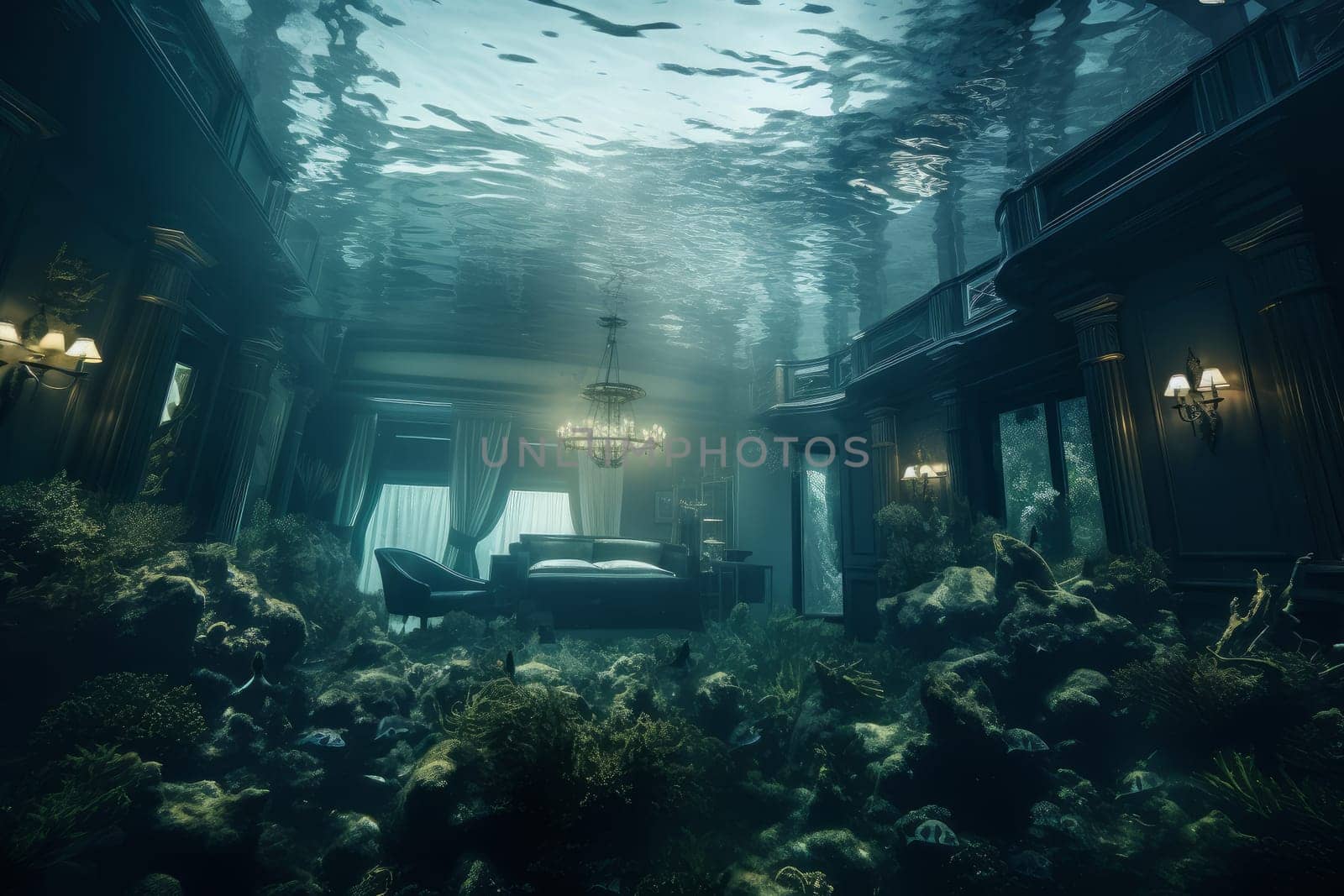 Mystical Hotel under water building. Generate Ai by ylivdesign