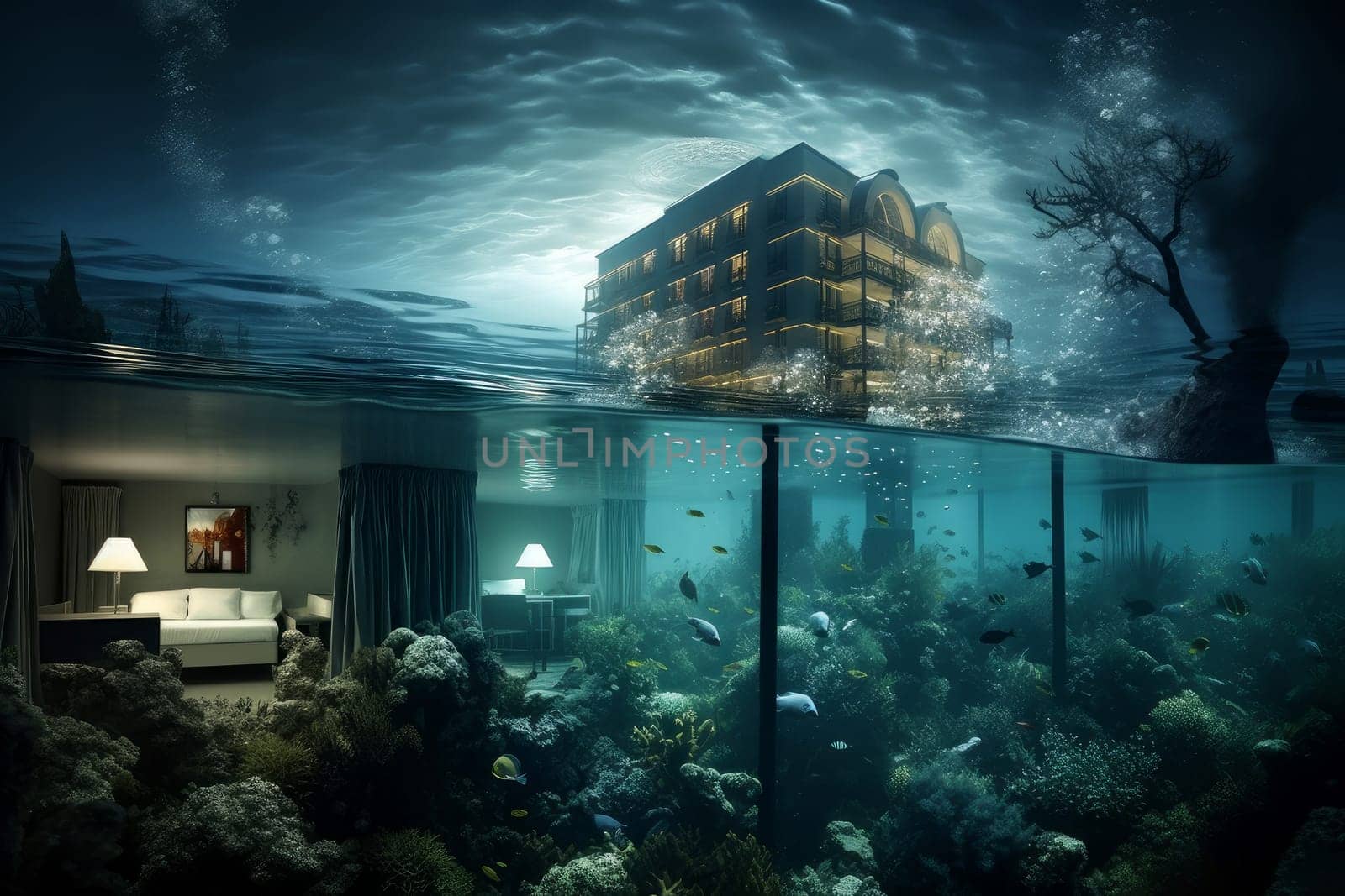 Innovative Hotel under water building. Split luxury. Generate Ai