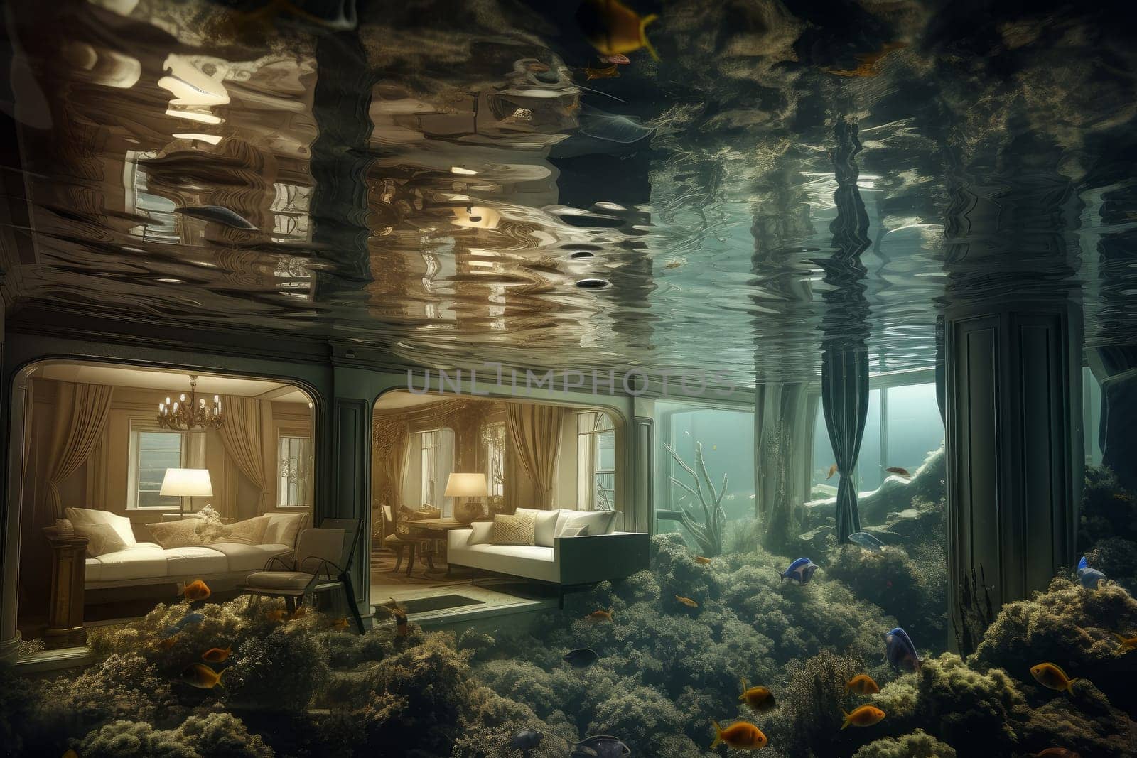 Luxurious Hotel under water building. Generate Ai by ylivdesign