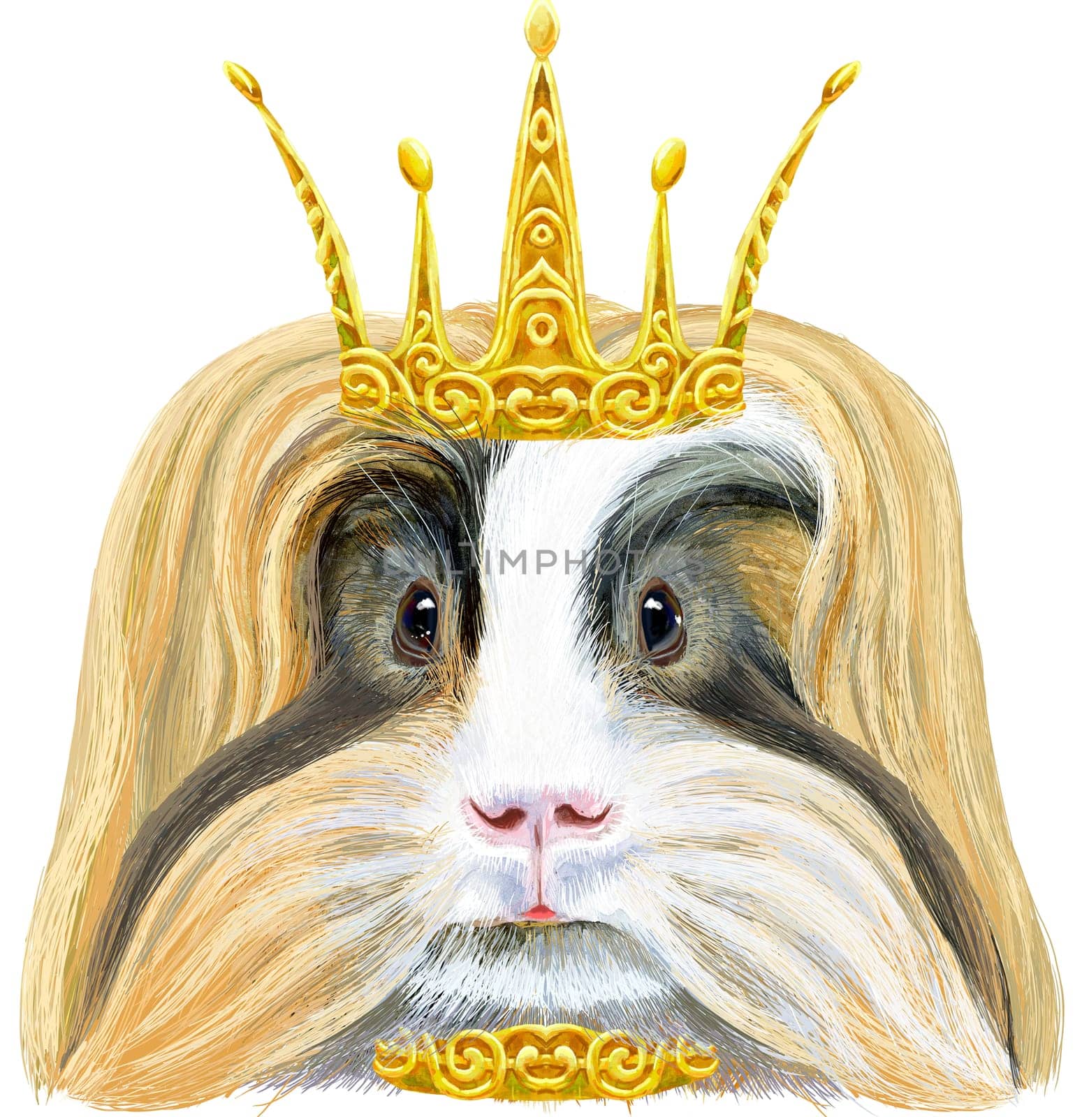 Cute cavy in golden crown. Pig for T-shirt graphics. Watercolor Sheltie Guinea Pig illustration