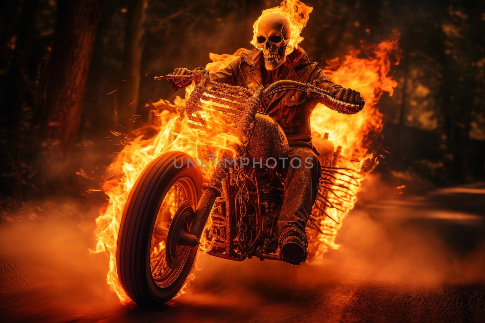 Blazing Human skeleton riding on fire motorbike. Speed race. Generate Ai