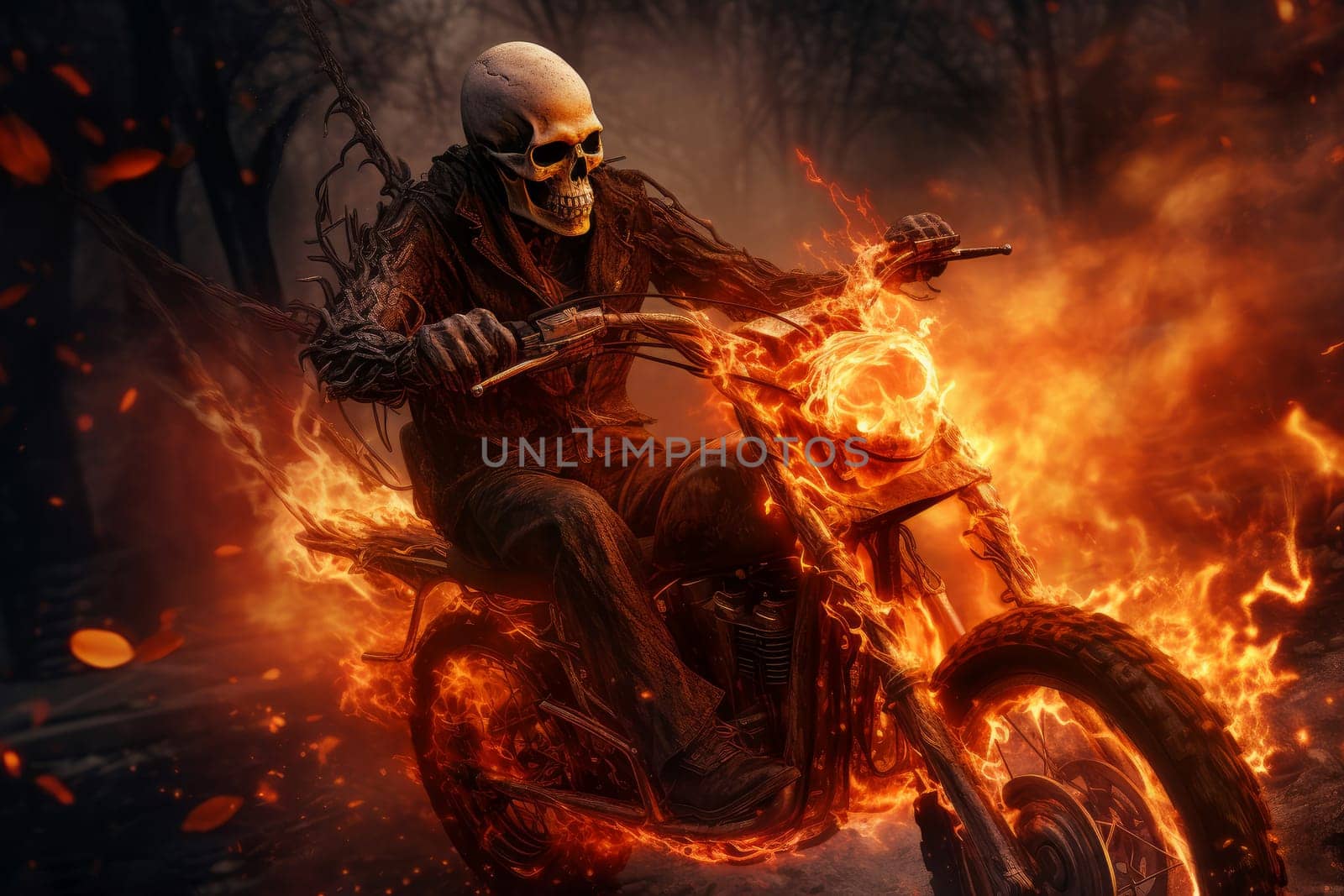 Flaming Human skeleton riding on fire motorbike. Speed race. Generate Ai
