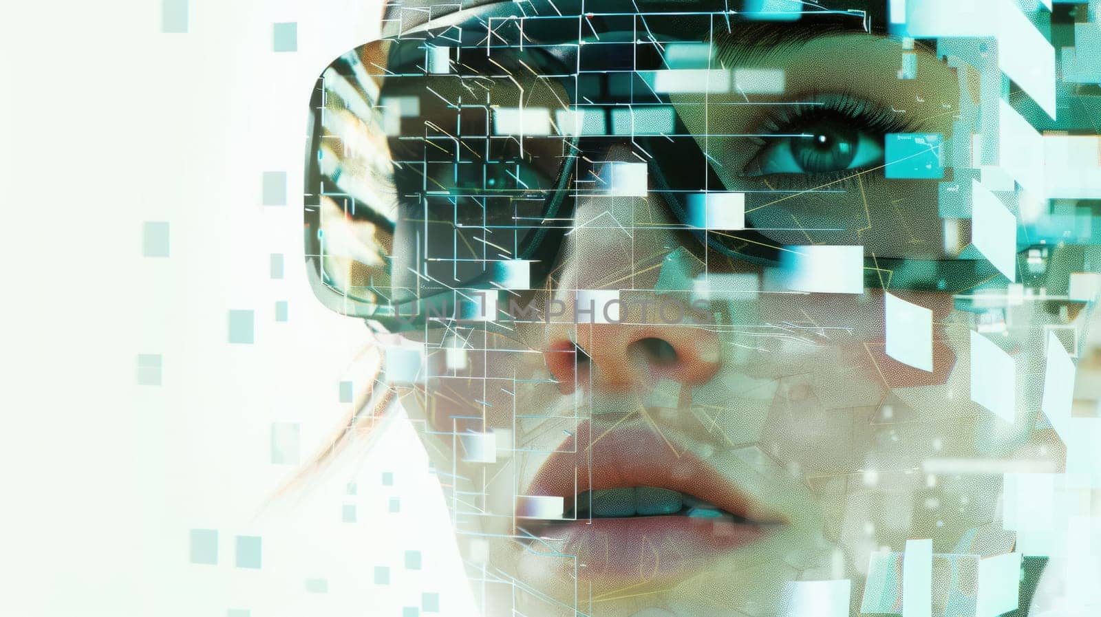 A woman wearing VR glasses depicting virtual reality technology with digital graphic as metaverse world AIGX04