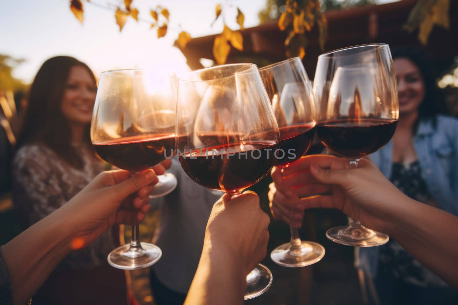 Group of friends gathering for wine tasting in countryside vineyard in summer harvesting season cheering and toasting with friendship comeliness