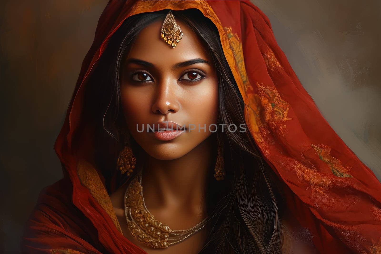 Vibrant Indian woman closeup portrait. Lady model with adult looking skin. Generate Ai