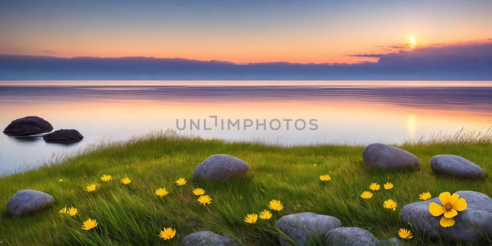 Inspirational Nature. A serene landscape photograph of a peaceful meadow at sunrise with a single flower resting on a rock or in the grass to convey a sense of tranquility and inner strength.