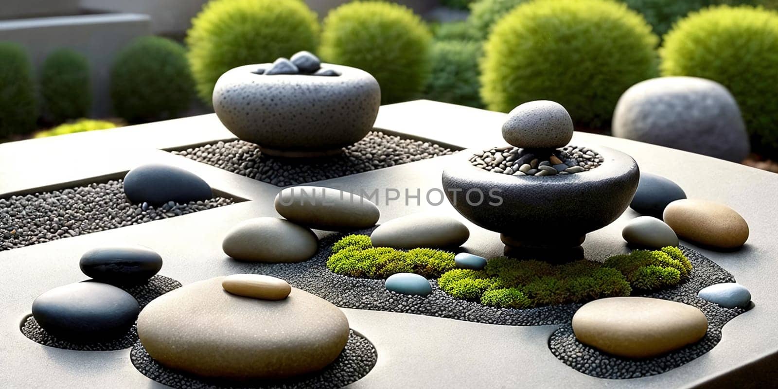 Mindfulness Moment. Capture the essence of mindfulness and meditation by photographing a zen garden with carefully arranged pebbles, a miniature bonsai tree, and a tranquil water fountain to evoke a sense of peace and balance.