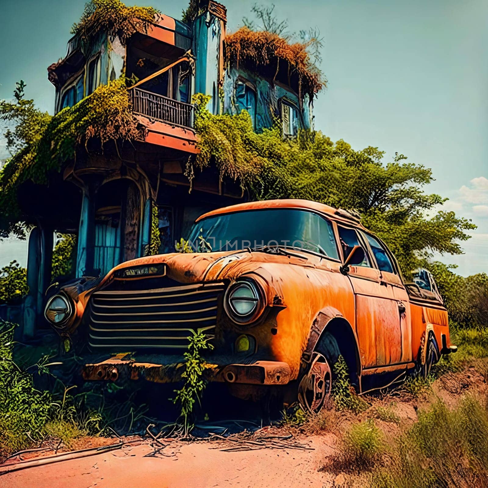 Abandoned cityscape, Deserted cityscape overgrown with vegetation, showcasing dilapidated skyscrapers, rusted cars, and nature reclaiming the urban environment.