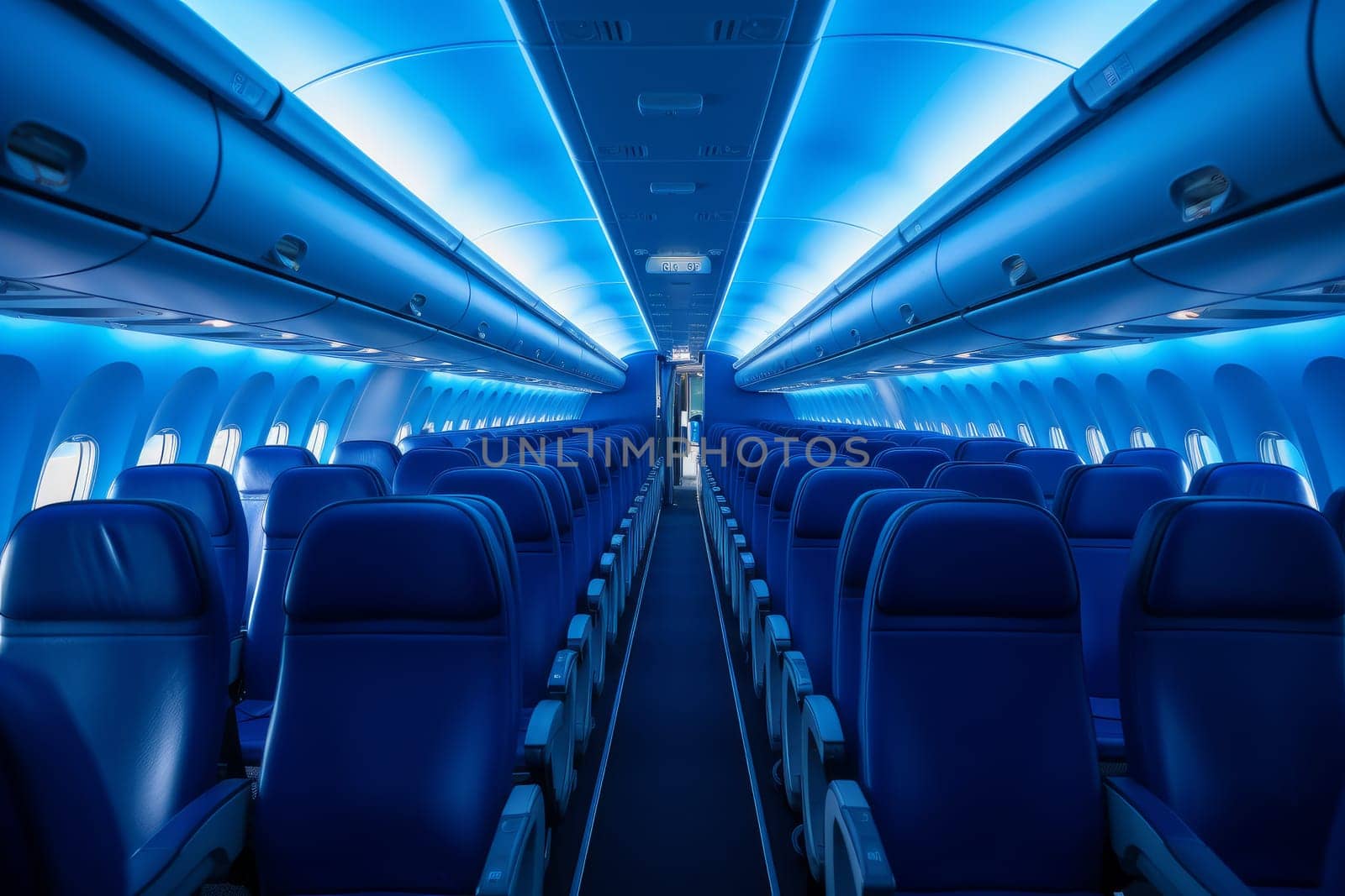 Desolate Empty aircraft blue interior light. Generate Ai by ylivdesign