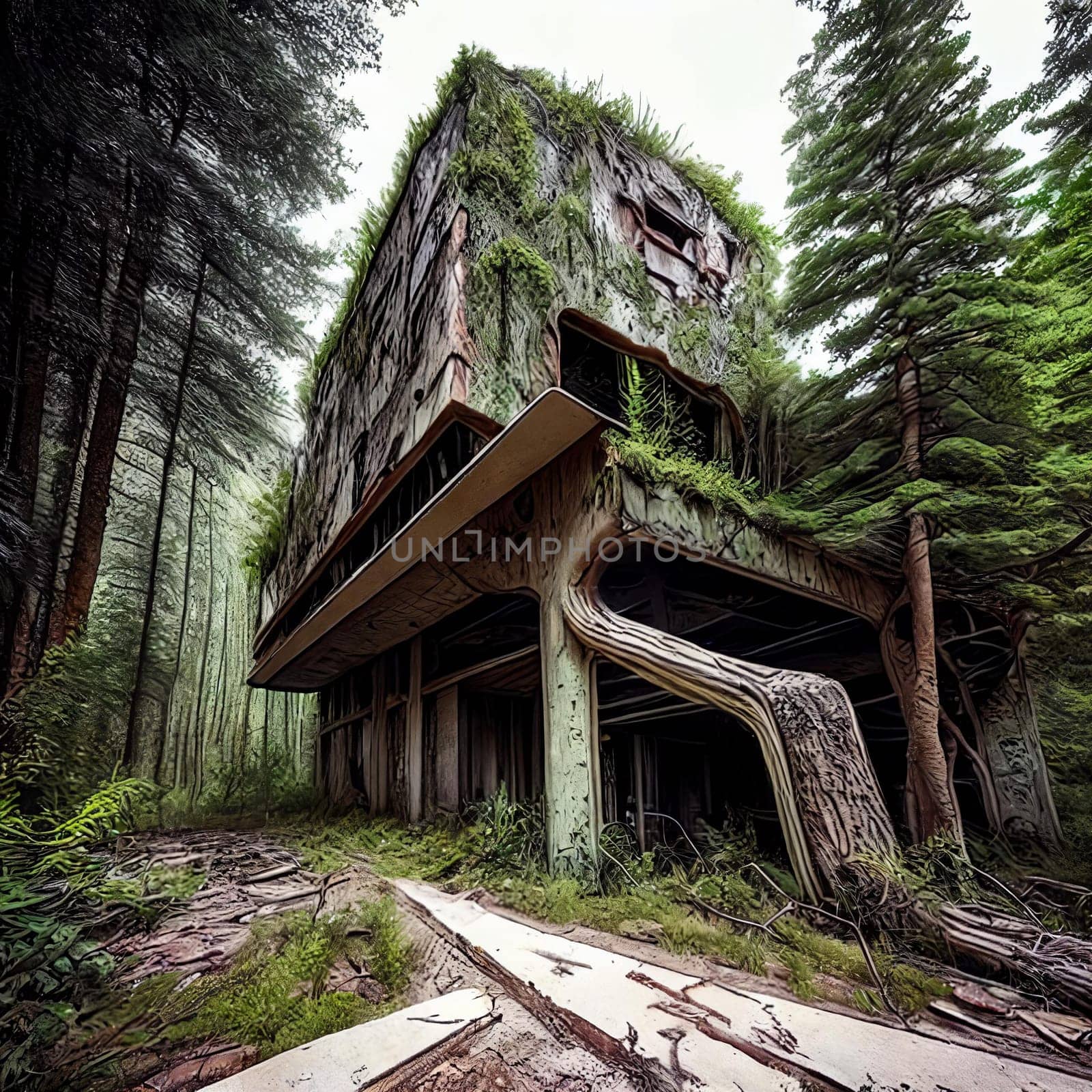 Nature's Takeover. Post-apocalyptic setting where nature prevails, with trees growing through broken concrete, wildlife thriving in abandoned structures, and a sense of harmony between man-made structures and the natural world.