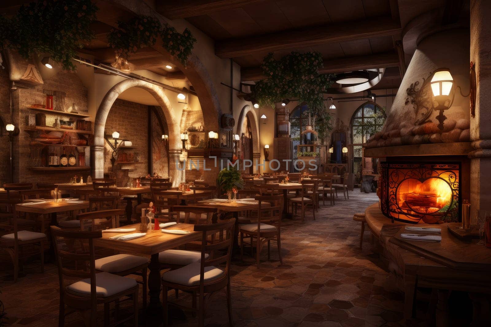 Authentic Interior italian restaurant. Dinner decoration place. Generate Ai