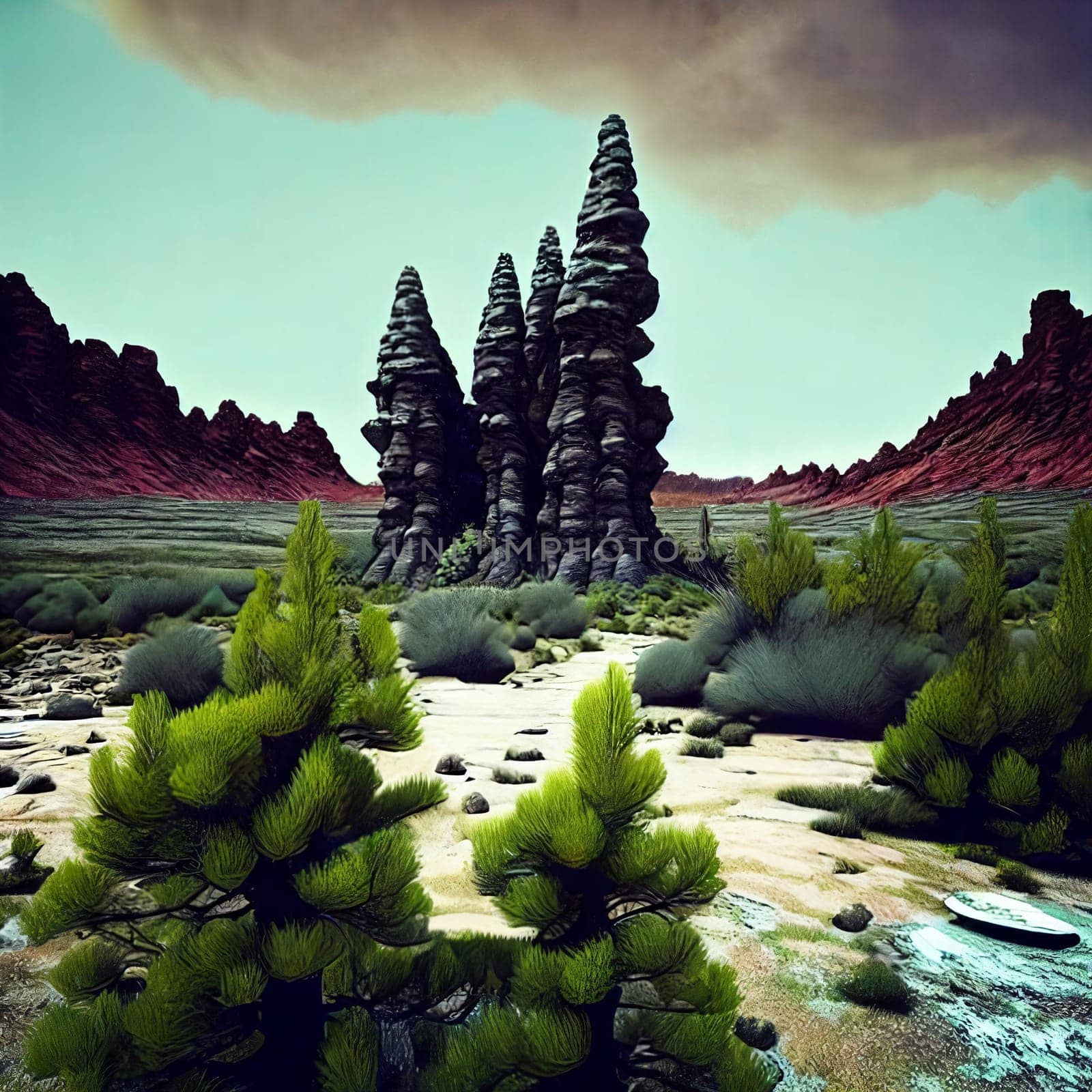 Post-nuclear Wilderness. Landscape transformed by nuclear fallout, featuring mutated flora, eerie rock formations, and a toxic sky tinged with ominous hues.