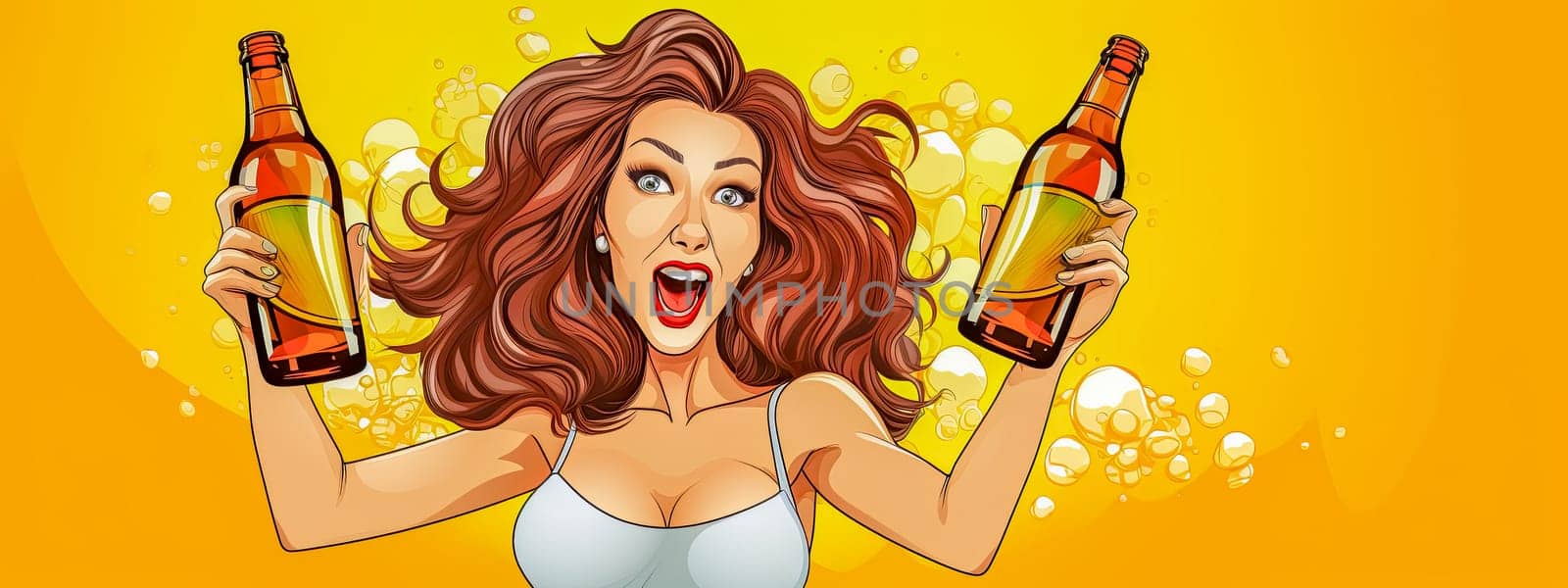 Excited Woman Celebrating with Beer Bottles. cartoon, retro