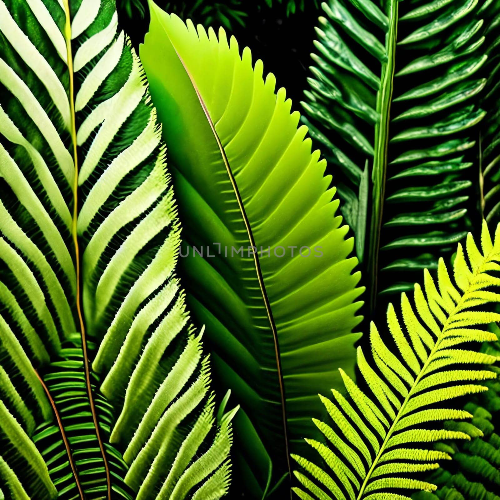 Elegance of nature. lush green botanical backdrop filled with different types of ferns, leaves, and foliage. Panorama