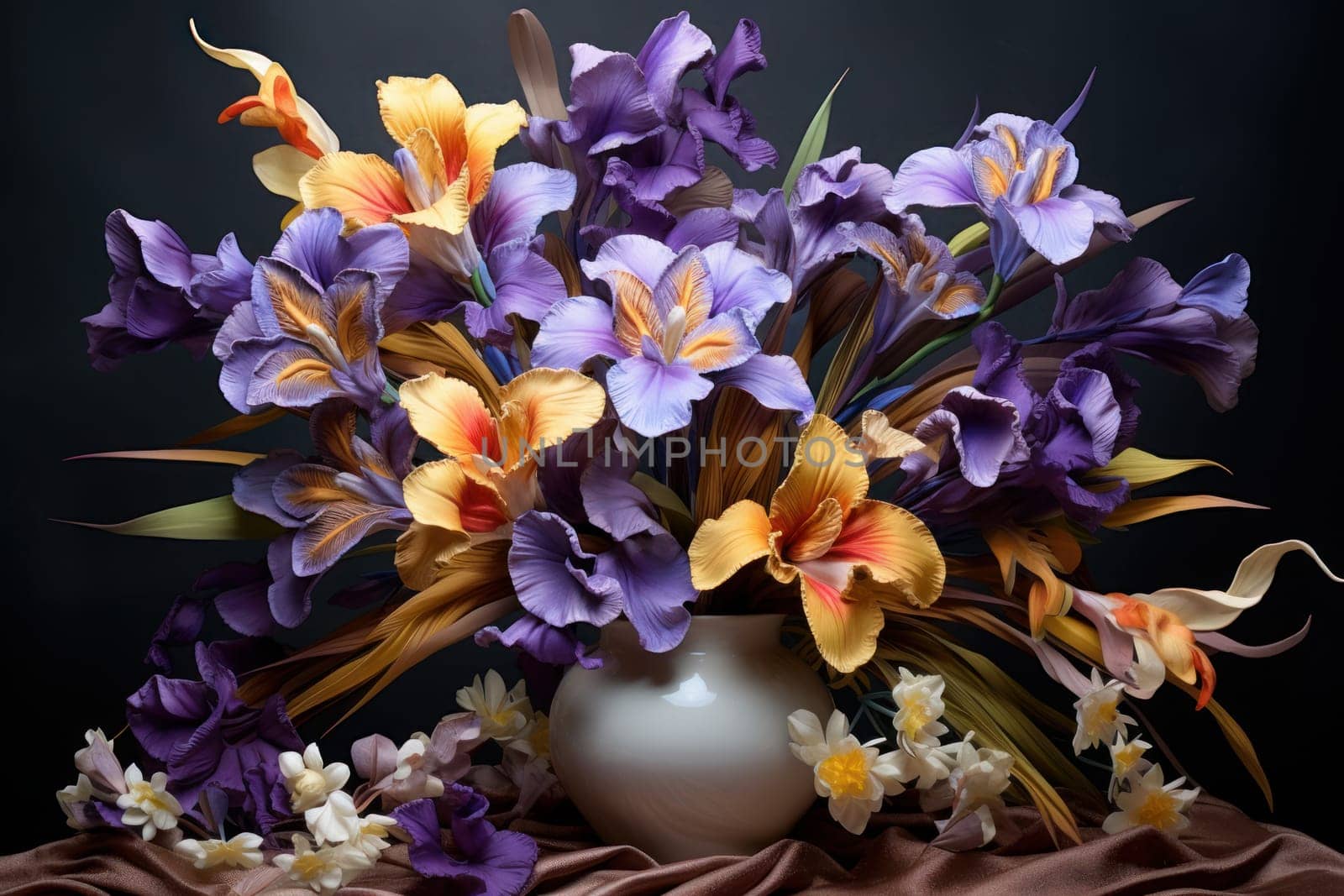 Elegant Iris bouquet wedding. Glass lavender. Generate Ai