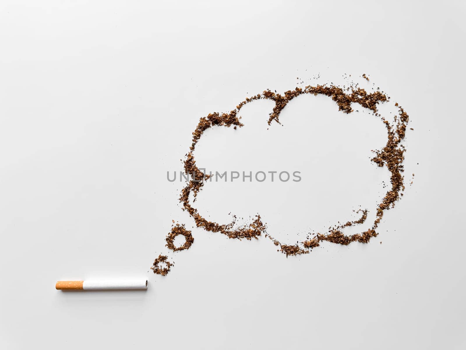 Cigarette with tobacco shaped into speech bubble on white background, representing quitting smoking and health awareness concept. No tobacco day. by Lunnica