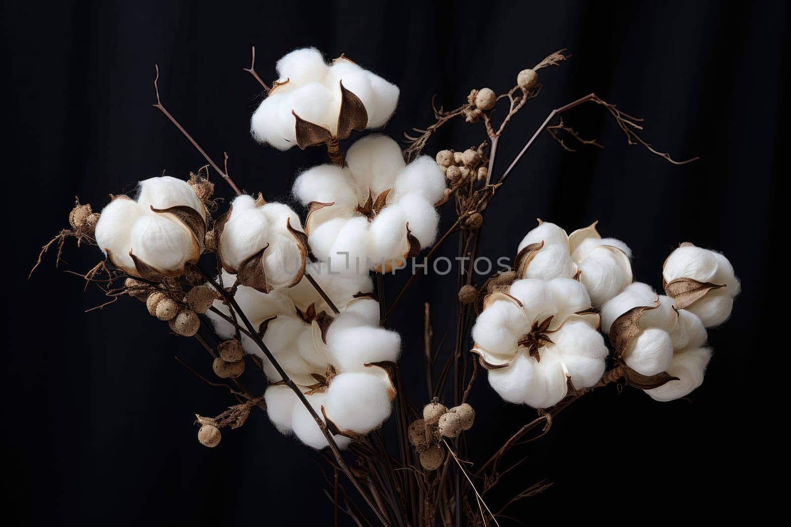 Bouquet of cotton. White branch. Generate Ai