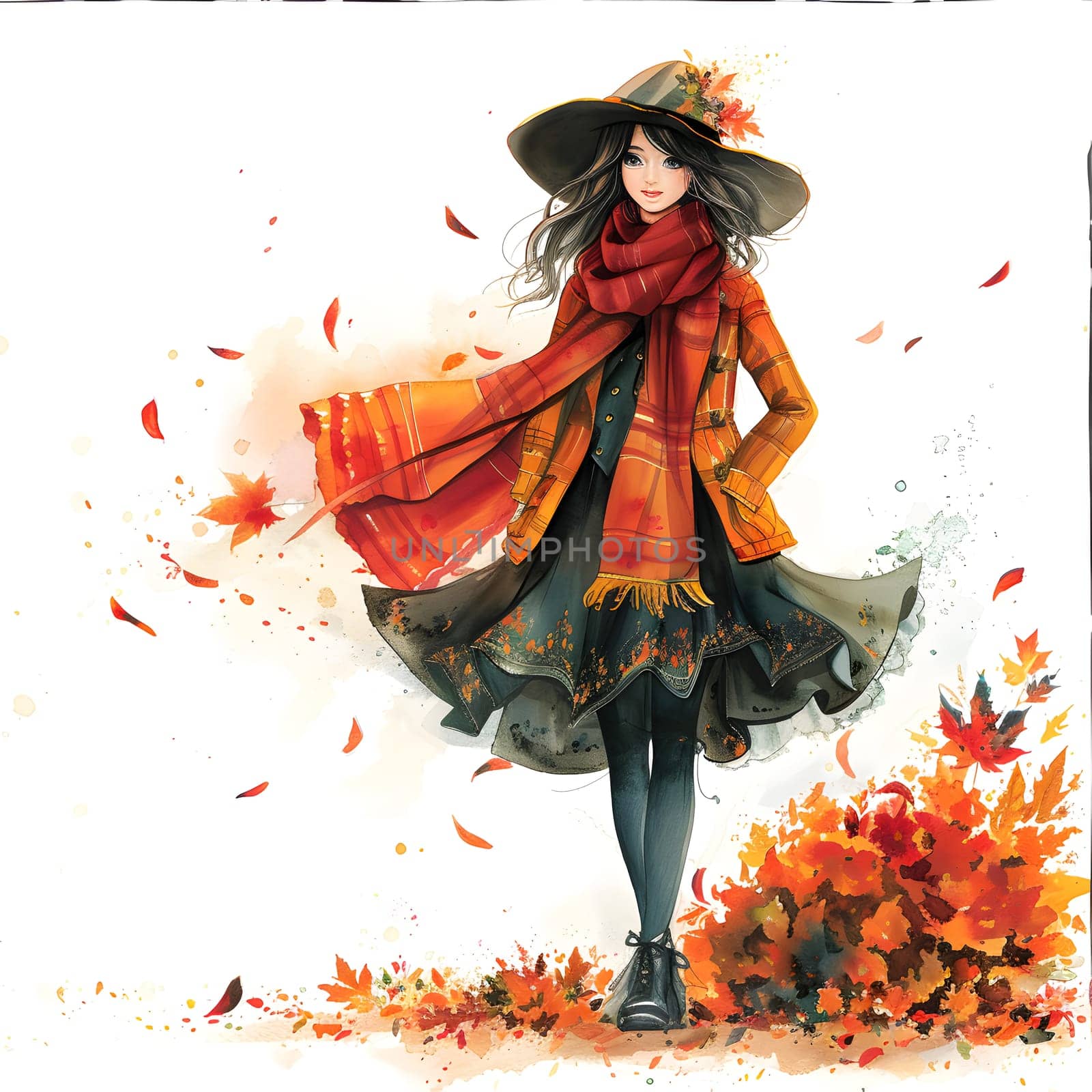 An artist in a stylish orange hat and textile scarf is painting a beautiful illustration of a field of leaves, blending art and fashion design