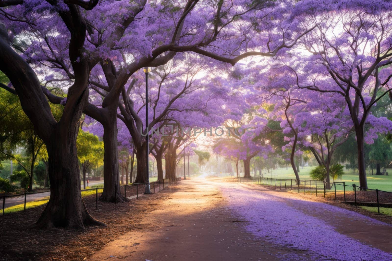 Picturesque Jacaranda trees park. Spring nature. Generate Ai