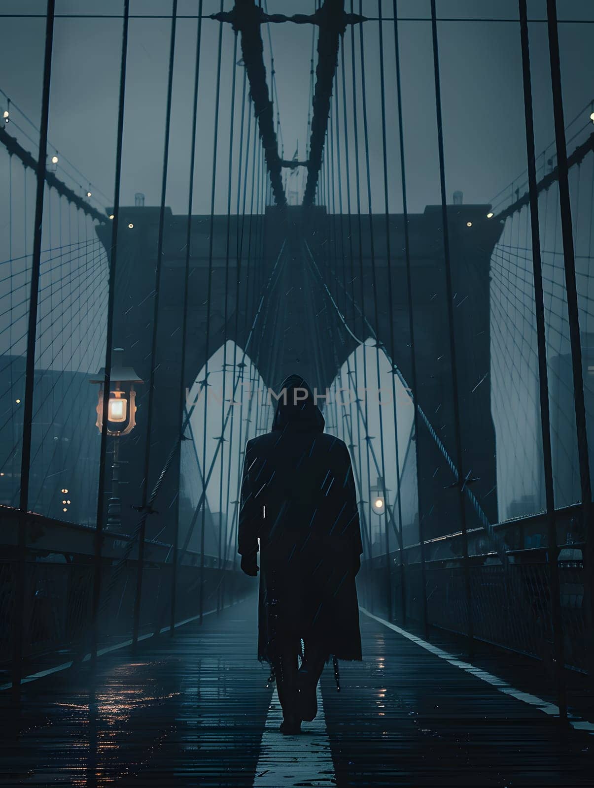 A pedestrian crosses a steel bridge in the darkness as rain falls, the composite material creating a pattern of electric blue symmetry in the event