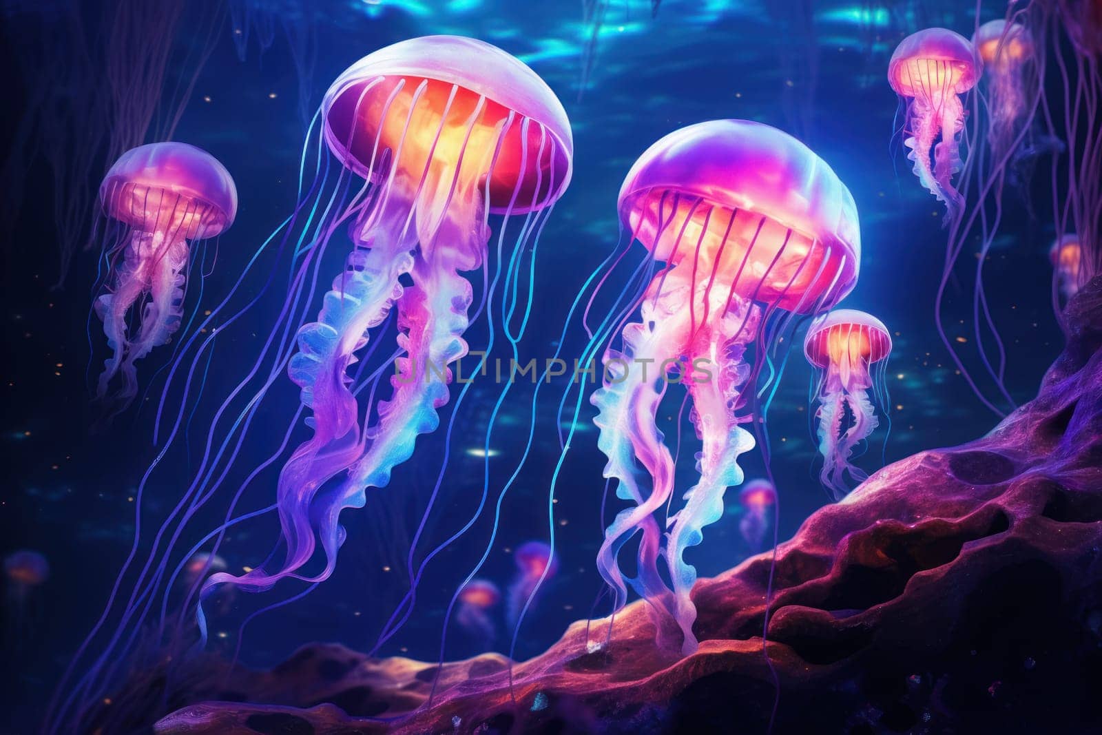 Vibrant Jellyfish glowing pink underwater color. Flower deep. Generate AI