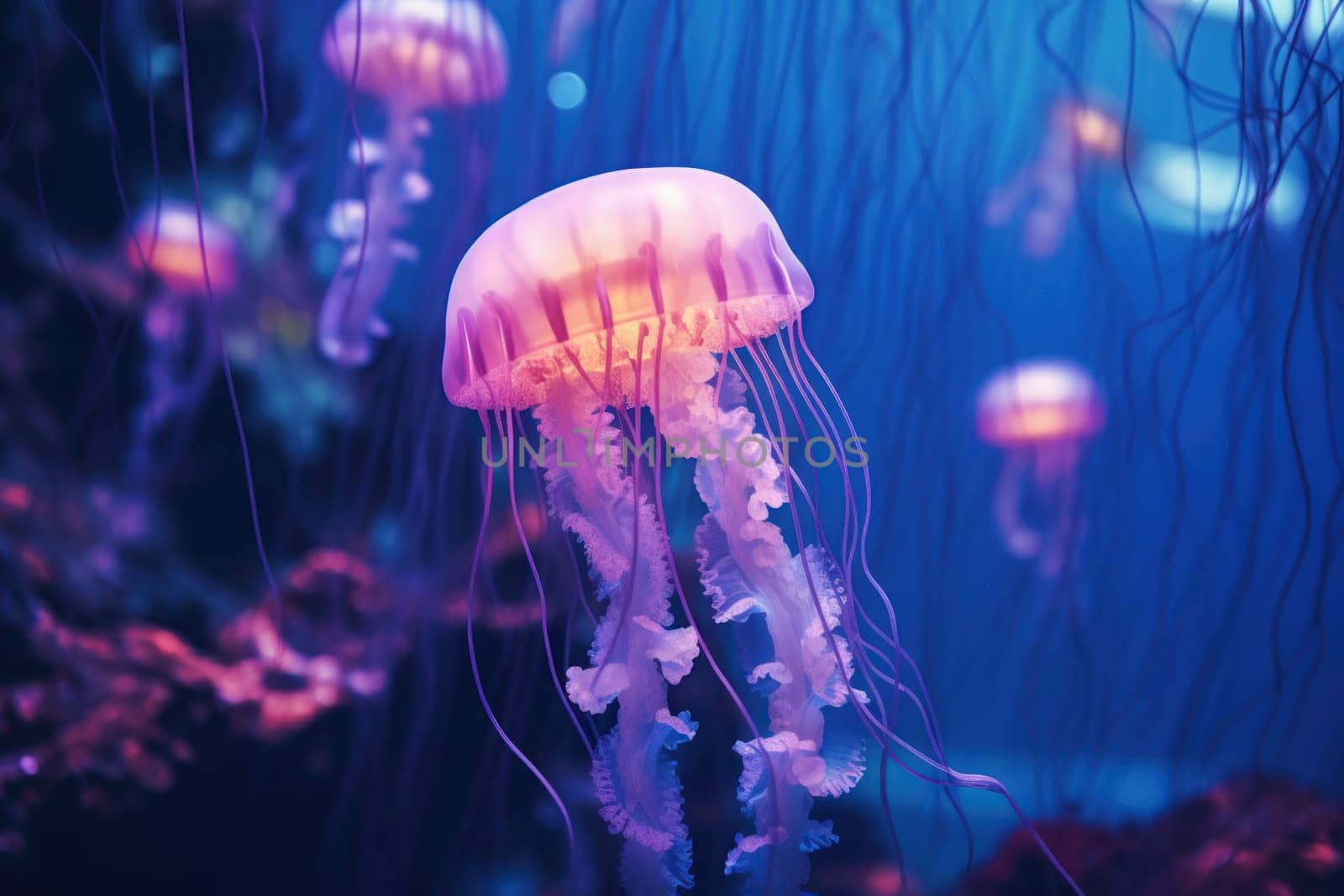Jellyfish glowing pink underwater color. Generate AI by ylivdesign