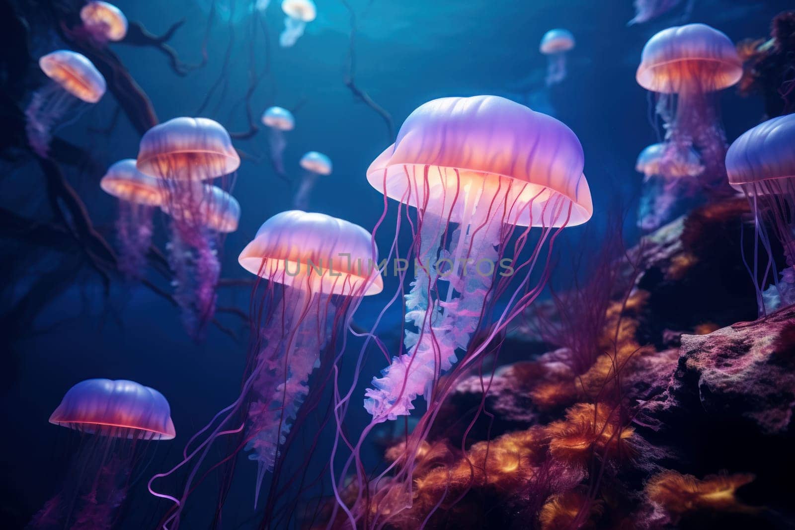 Captivating Jellyfish glowing pink underwater color. Generate AI by ylivdesign