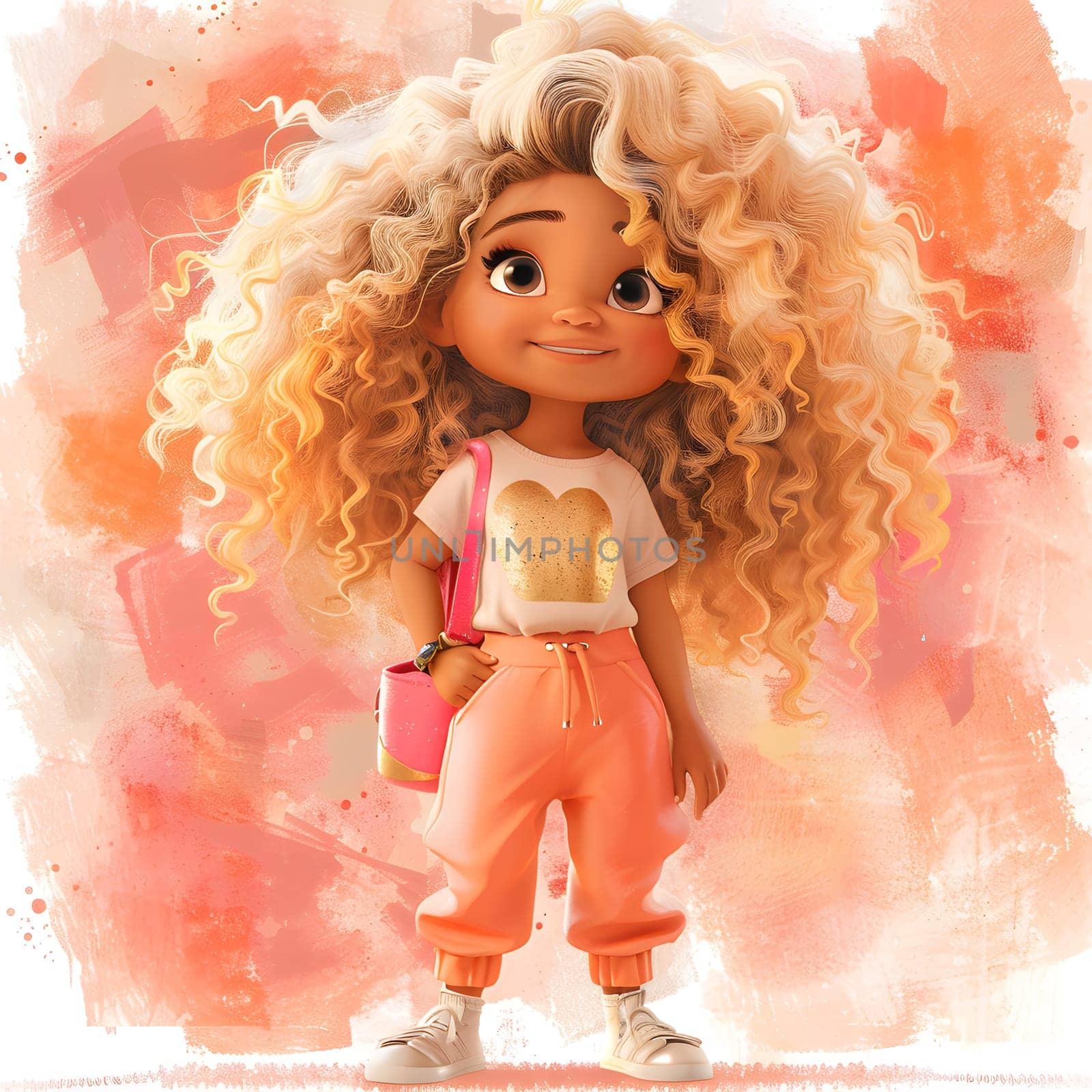 Toy pink purse held by a happy cartoon girl with curly blonde hair by Nadtochiy