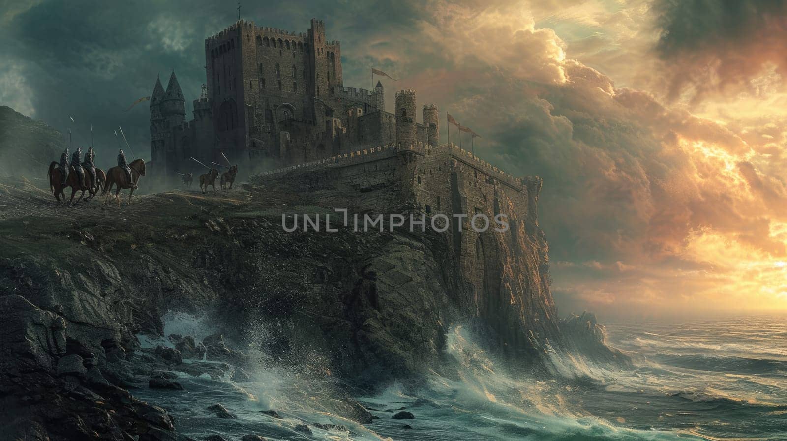 A historic medieval castle on a cliff, ocean waves crashing below. Resplendent. by biancoblue