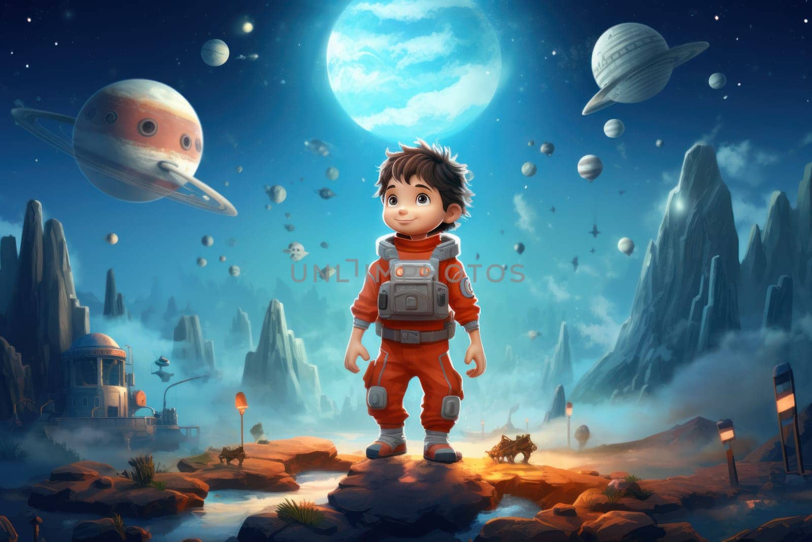 Whimsical Kids space cartoon. Cinema suit projector. Generate Ai