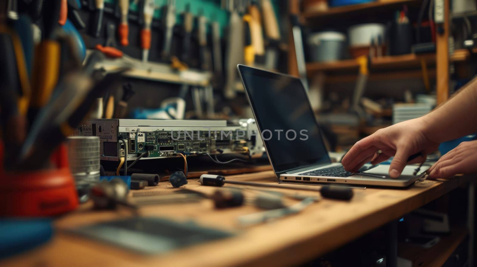 A man is working on a computer in a workshop AIG41 by biancoblue