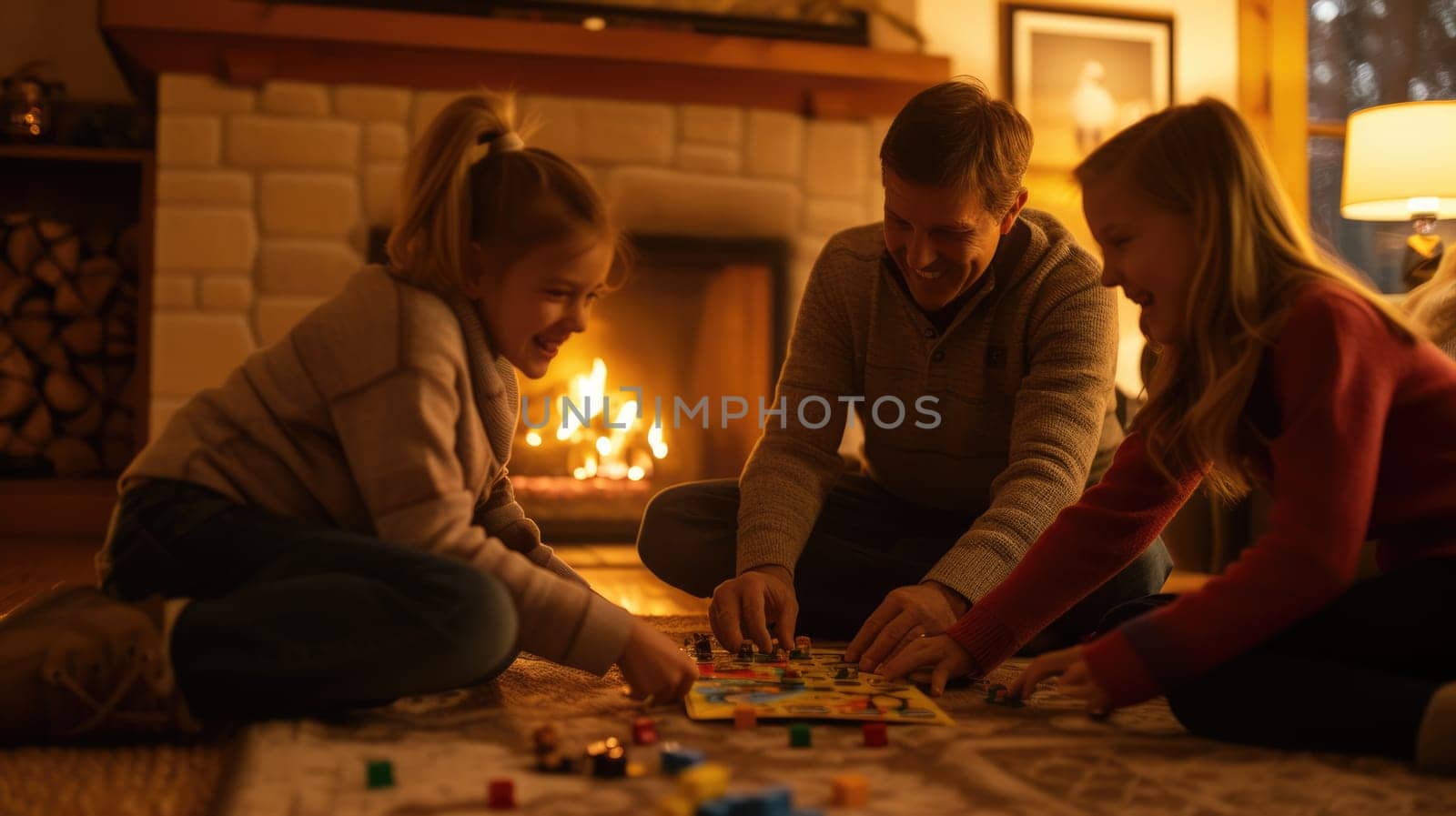 The family is sitting on the hardwood floor, sharing a fun board game event in front of the fireplace, enjoying the warmth and darkness. AIG41