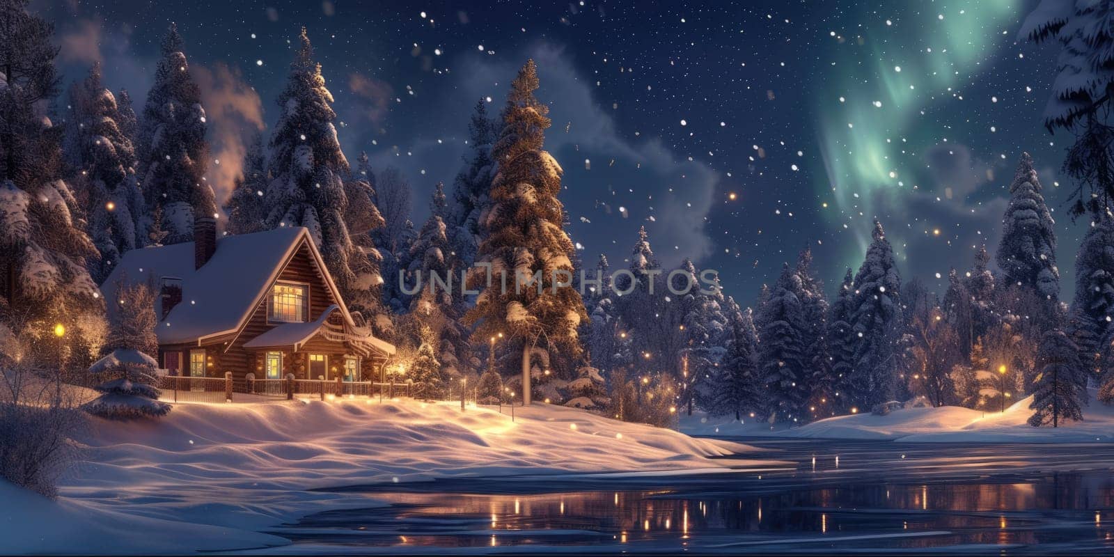 A cozy cabin nestles in a snow-laden landscape, with the mesmerizing Northern Lights dancing in the sky above the towering mountains. Resplendent.