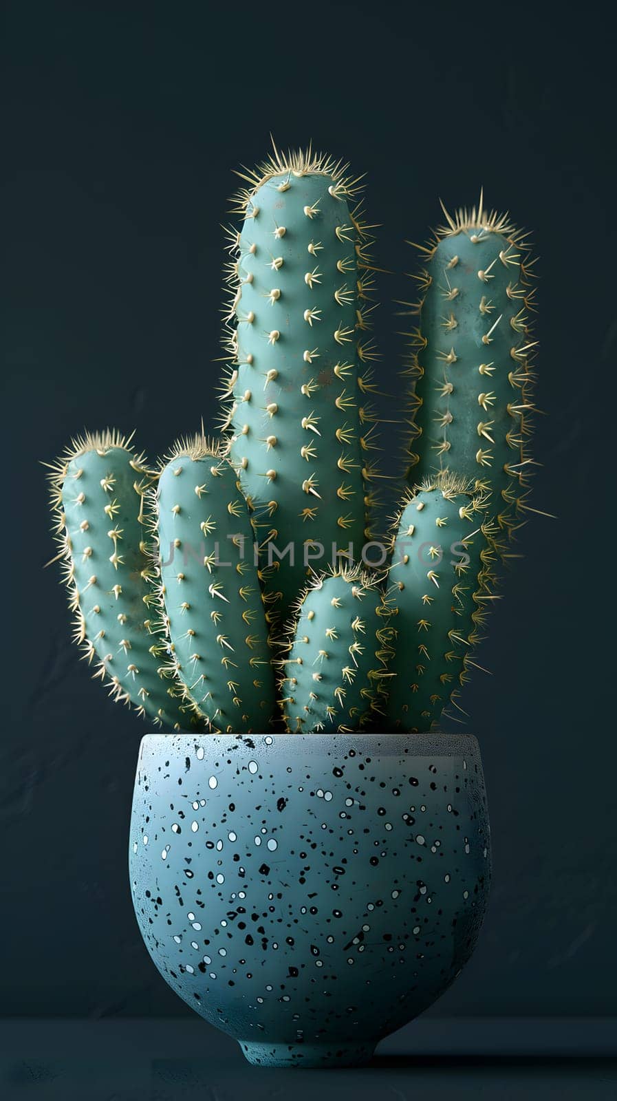 A succulent plant, the cactus, is thriving in an electric blue pot on a table. Its thorns, spines, and prickles add a fashionable touch to the still life photography scene