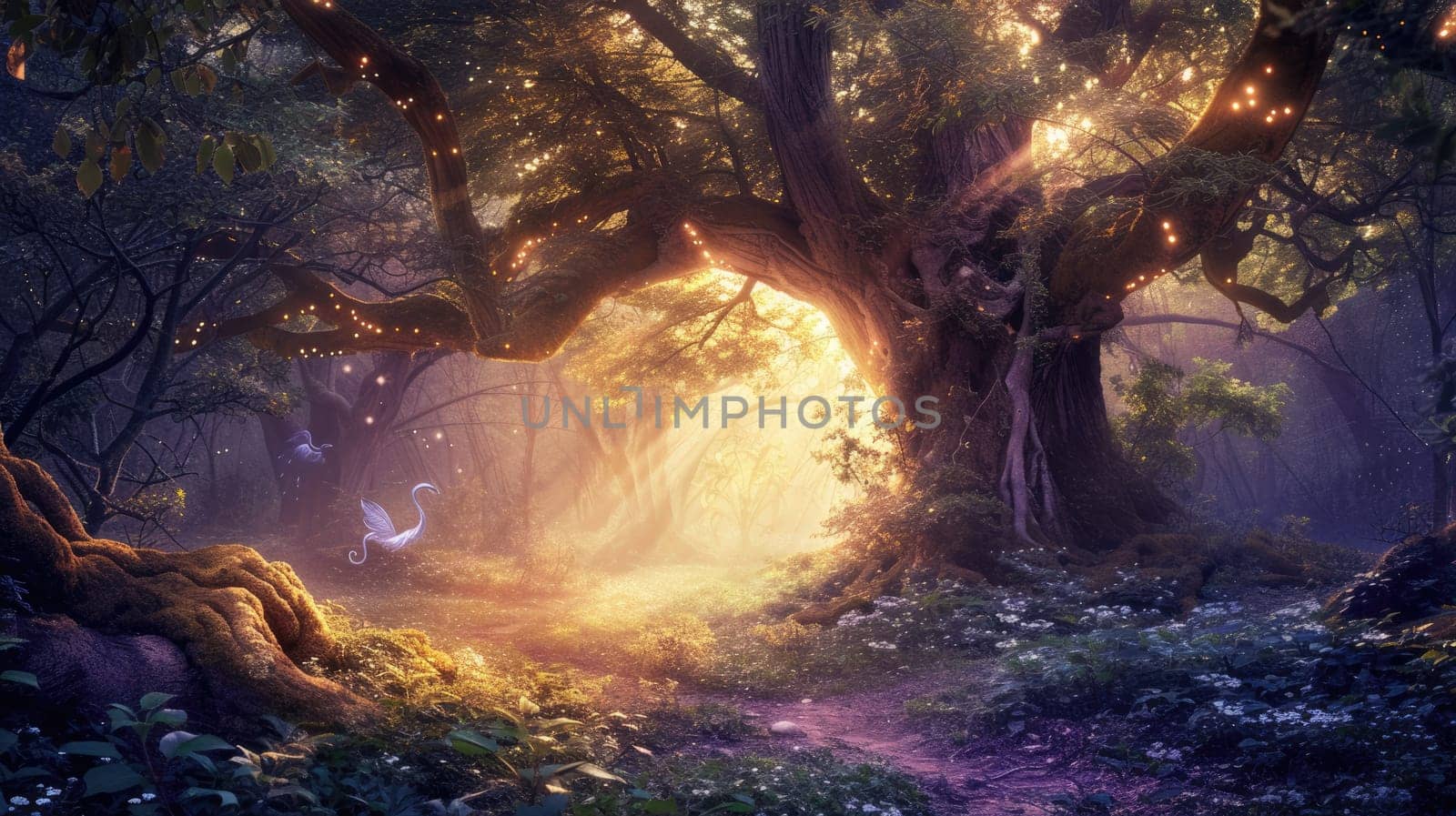 A magical forest at twilight, ethereal light filtering through trees, fairies dancing around an ancient oak. Resplendent.