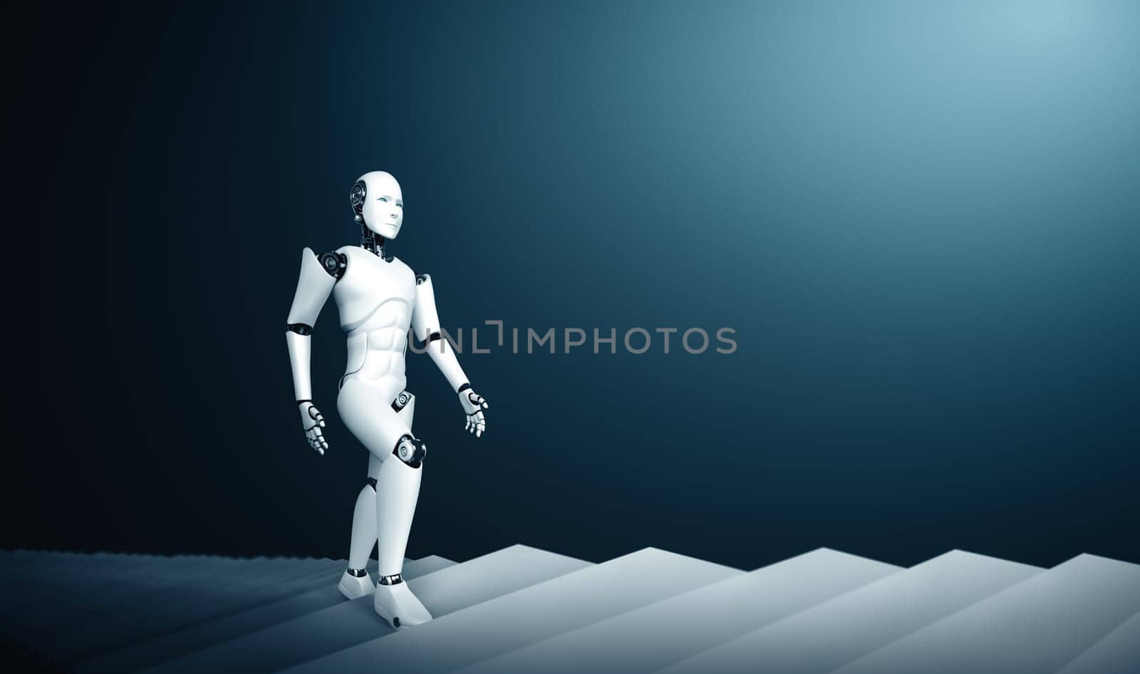 XAI 3d illustration robot humanoid walk up stair to success and goals achievement. Concept of AI thinking brain and machine learning process for the 4th fourth industrial revolution.