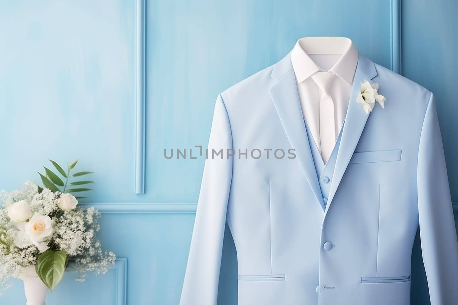 Fashionable Light blue wedding suit. Style detail clothing. Generate Ai