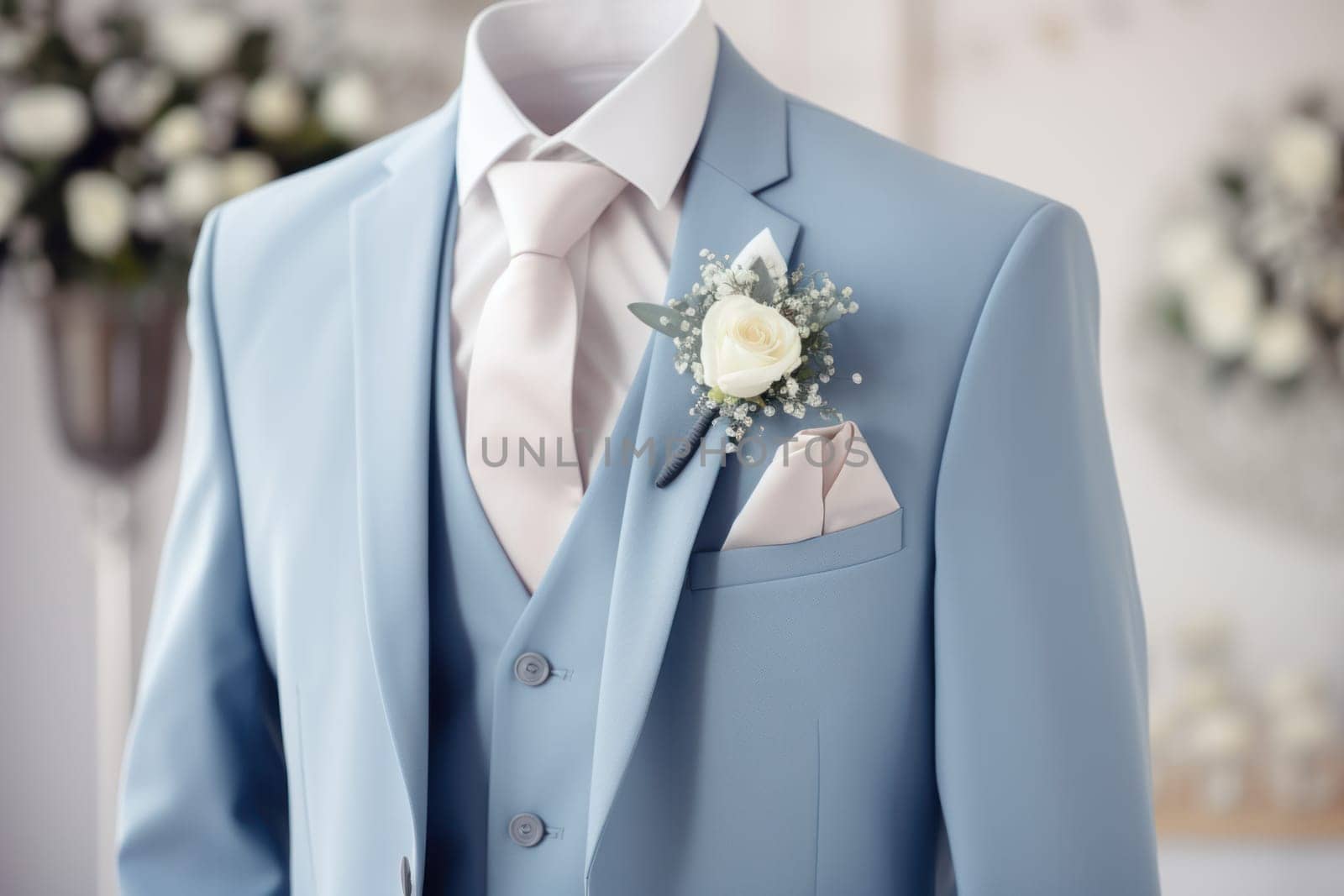 Elegant Light blue wedding suit. Style detail clothing. Generate Ai