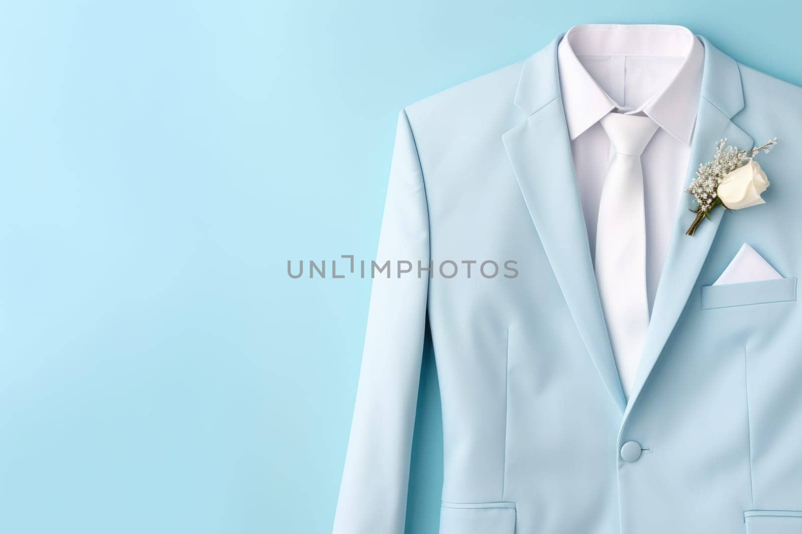 Refreshing Light blue wedding suit. Style detail clothing. Generate Ai
