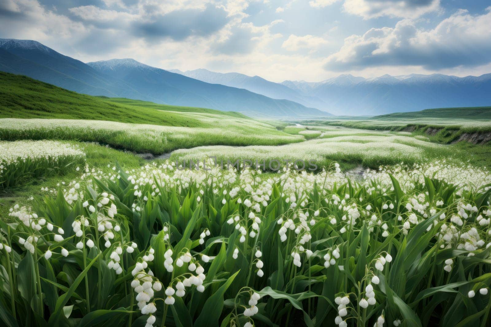 Lily valley blooming field. Season flower. Generate Ai