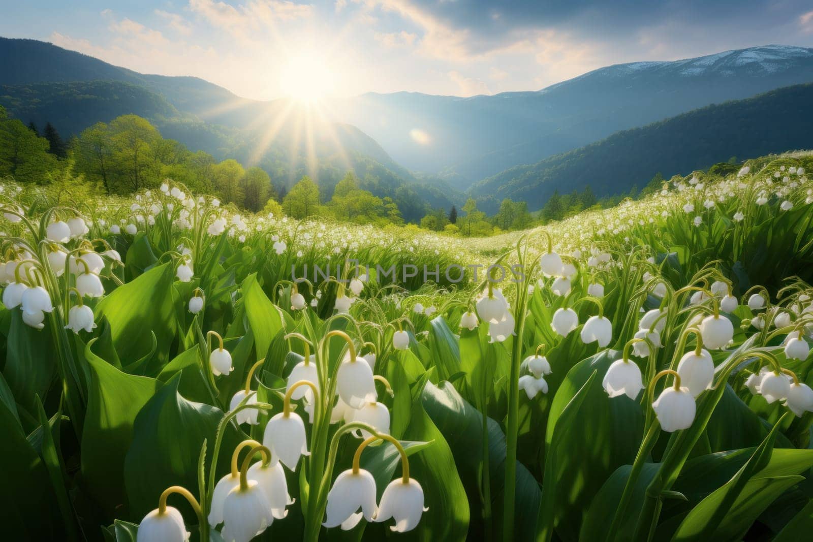 Enchanting Lily valley blooming field. Generate Ai by ylivdesign