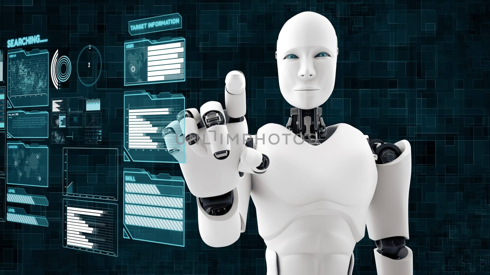 XAI Futuristic robot, artificial intelligence CGI big data analytics and programming by biancoblue