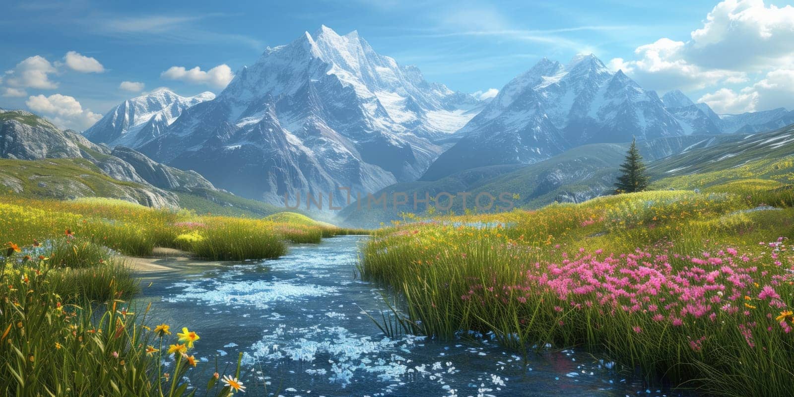 Vibrant wildflowers and a mountain stream with snowy peaks in the background. Resplendent.