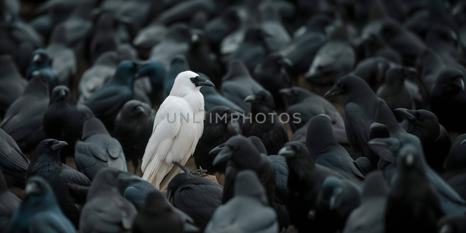 A white crow among many black crows. Neural network generated image. Not based on any actual scene or pattern.