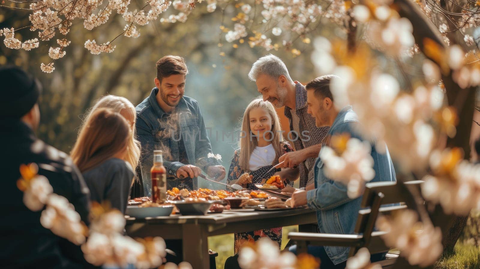 A man, wearing a hat, cooks food on a grill, surrounded by a group of people, sharing a leisurely cooking event under a tree with grassy surroundings. AIG41